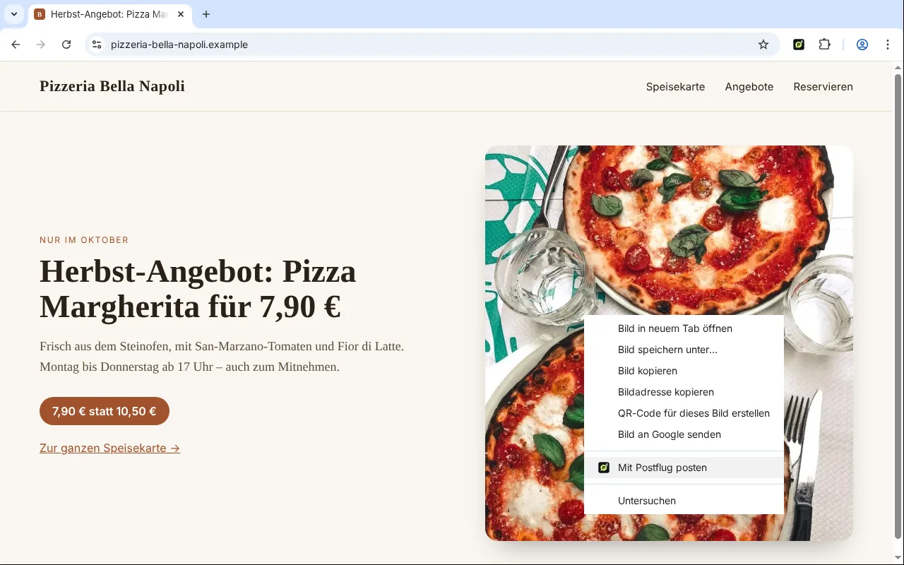 Rechtsklick auf ein Bild einer Restaurant-Website: Eintrag „Mit Postflug posten“ im Chrome-Menü