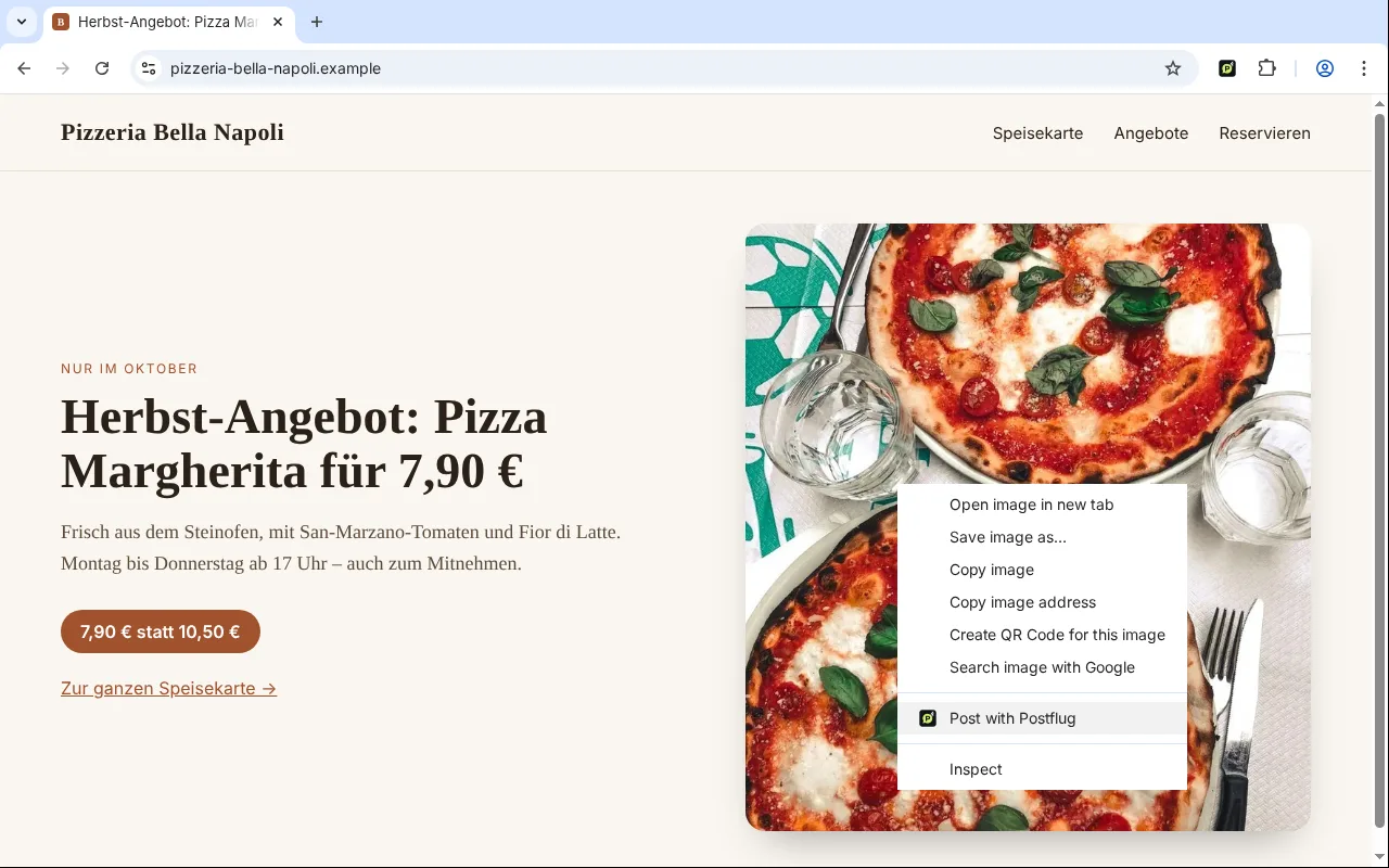 Bir restoran web sitesindeki görsele sağ tık: Chrome menüsünde „Postflug ile paylaş“ seçeneği