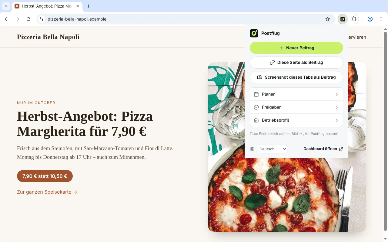 Das Postflug-Menü in der Chrome-Symbolleiste: Neuer Beitrag, Screenshot, Planer, Freigaben und Betriebsprofil
